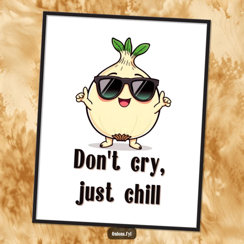 Funny free printable wall art: Kawaii onion character wearing sunglasses, striking a super cool pose, vegetable art.