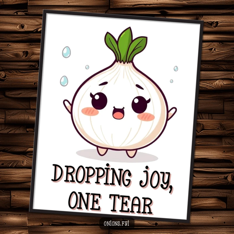 Funny Free Printable Wall Art: Surprised onion character juggles tiny shining droplets, creating a whimsical and amusing scene.