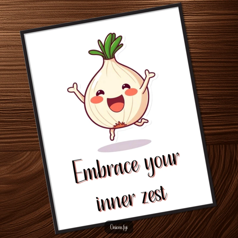 Funny Free Printable Wall Art: A kawaii onion leaps with pure joy after being chopped into a fun shape, perfect for kitchens.