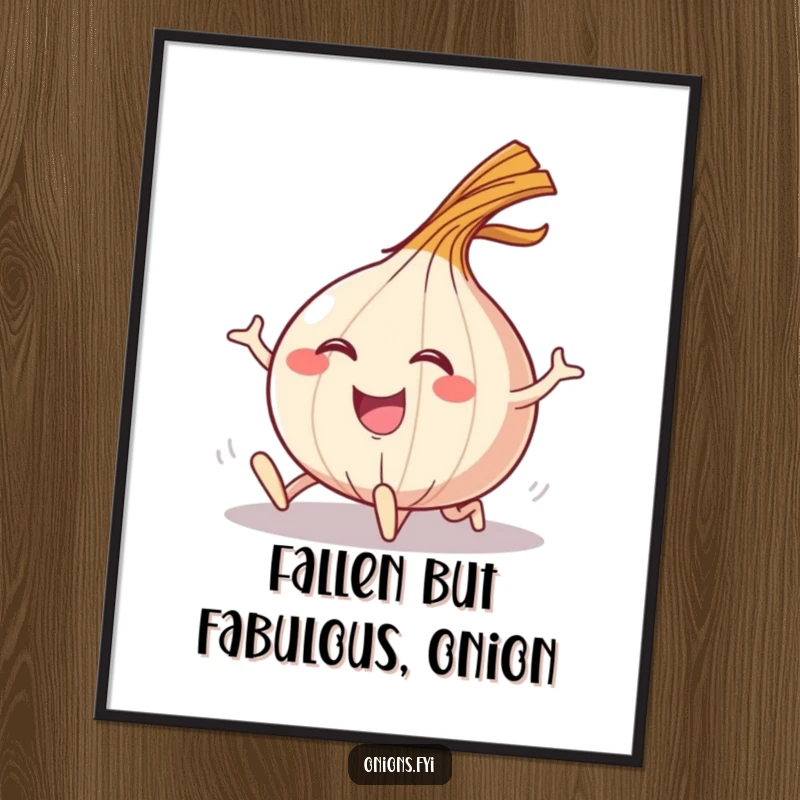 Funny Free Printable Wall Art: An onion character falling with style, ending in a spectacular and comical flourish.