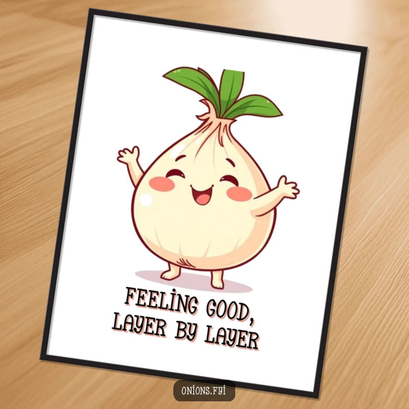 Funny Free Printable Wall Art depicting a joyful onion character in mid-dance, its green leafy tops swaying rhythmically.