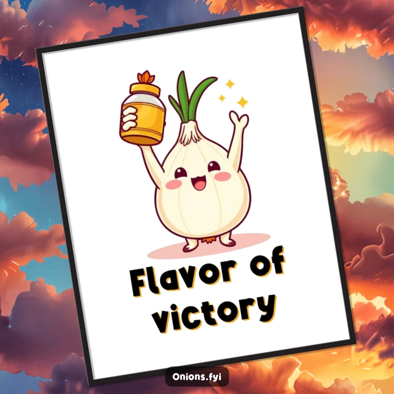 Funny free printable wall art depicting a triumphant onion character holding a golden spice jar aloft, symbolizing flavor and victory.