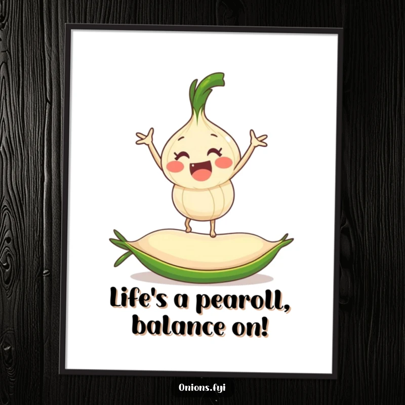 Funny Free Printable wall art: onion hilariously balancing on a rolling pea, bringing quirky charm.