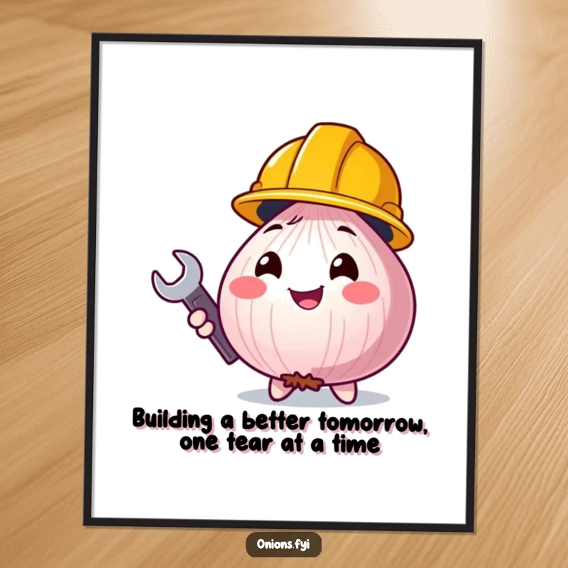 Funny Free Printable wall art: cheerful onion with a construction helmet and wrench, perfect for a quirky home.