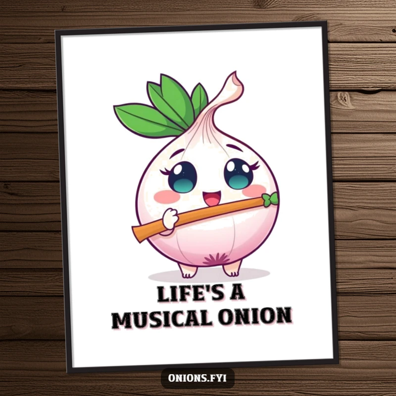Funny free printable wall art of a happy onion character playing a tiny leaf-shaped flute with wide, excited eyes, adding whimsical charm.