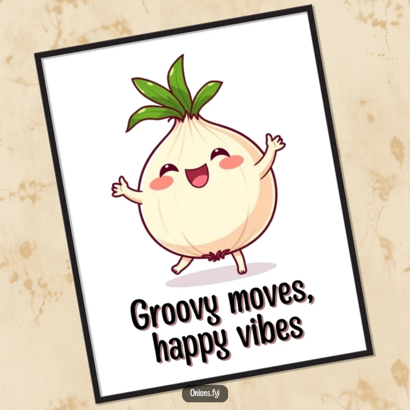 Funny free printable wall art of a joyful onion character dancing enthusiastically with its leafy top spinning, bringing lively energy to any space.