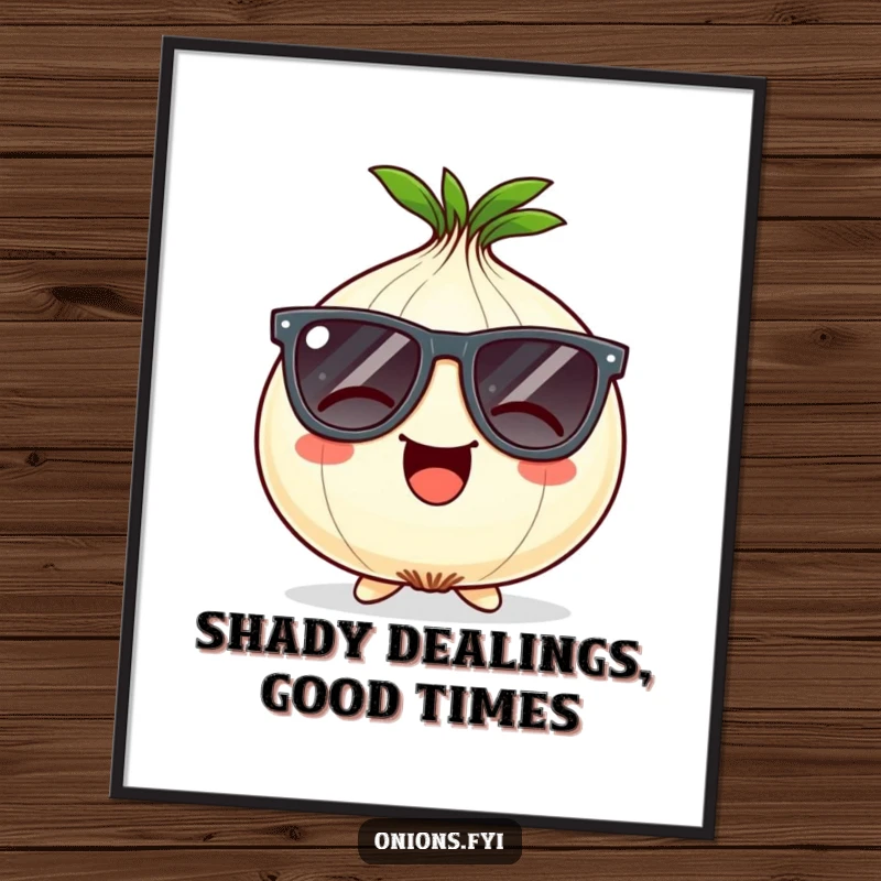 Funny free printable wall art featuring a giggling onion character wearing oversized, comical sunglasses, adding a splash of cool humor.