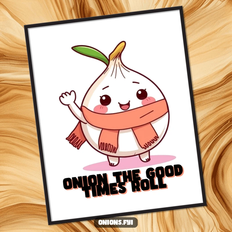 Funny Free Printable Wall Art: A happy onion character wearing a small scarf, joyfully waving with pure glee.