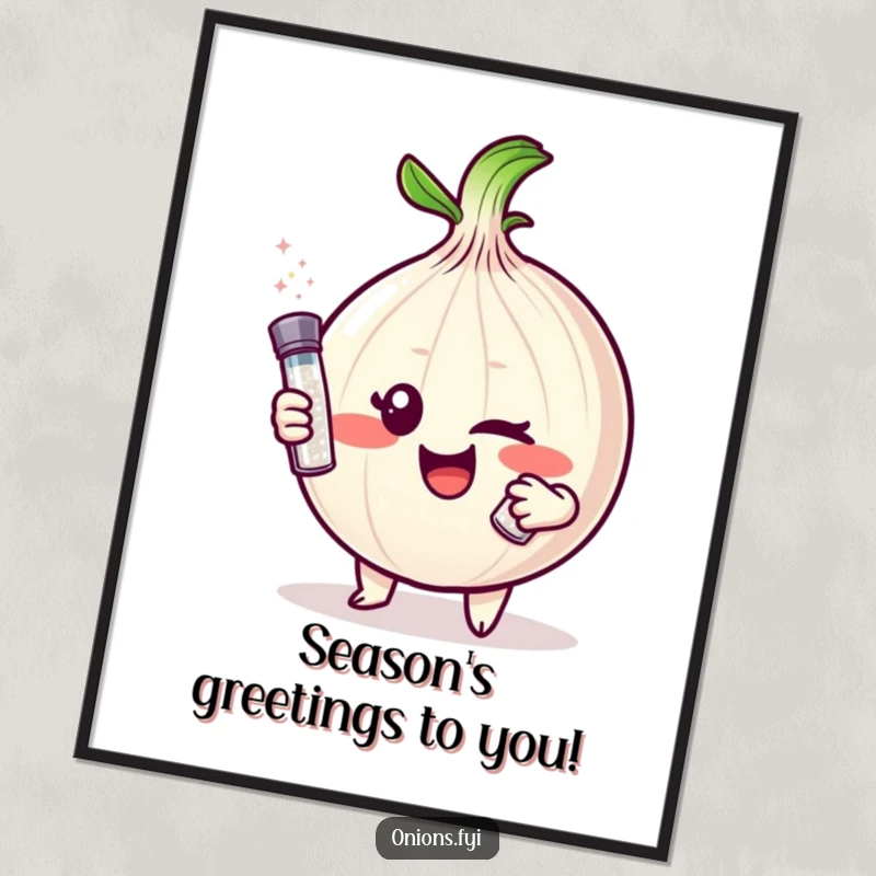 Funny free printable wall art featuring a winking onion character holding a tiny salt shaker, perfect for a humorous kitchen or living space.