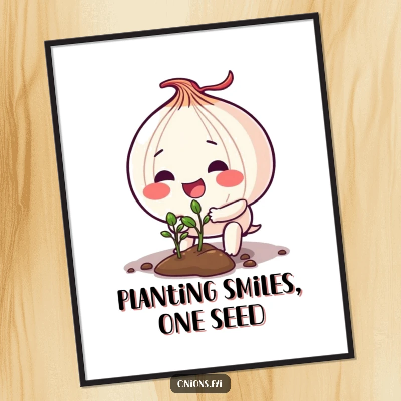 Free Printable Onion Planting Wall Art: An onion character is focused on planting a small, delicate seedling.