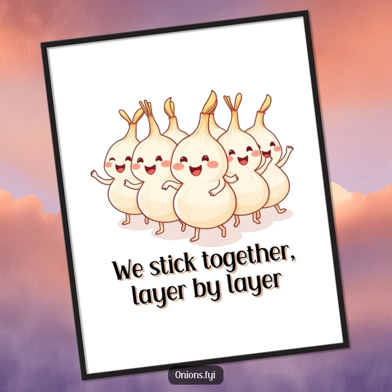 Funny Free Printable Wall Art showing a group of happy onions forming a vibrant dancing conga line with joyful expressions.