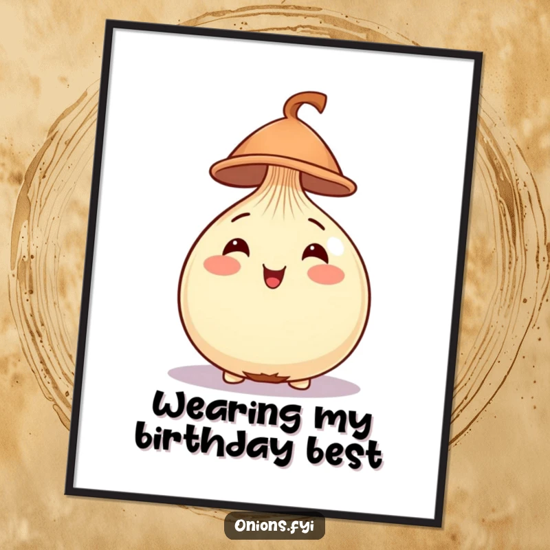 Funny Free Printable Wall Art: An onion with a cheerful expression, wearing a tiny, dapper hat.