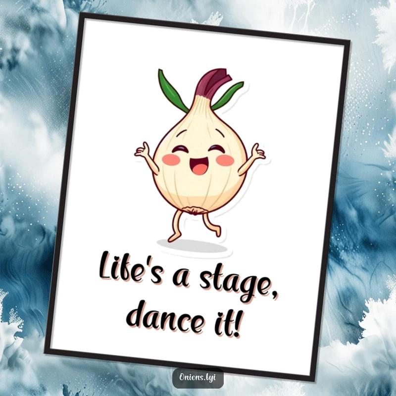 Funny Free Printable Wall Art: Kawaii onion character dancing dramatically and joyfully, perfect for a playful atmosphere.