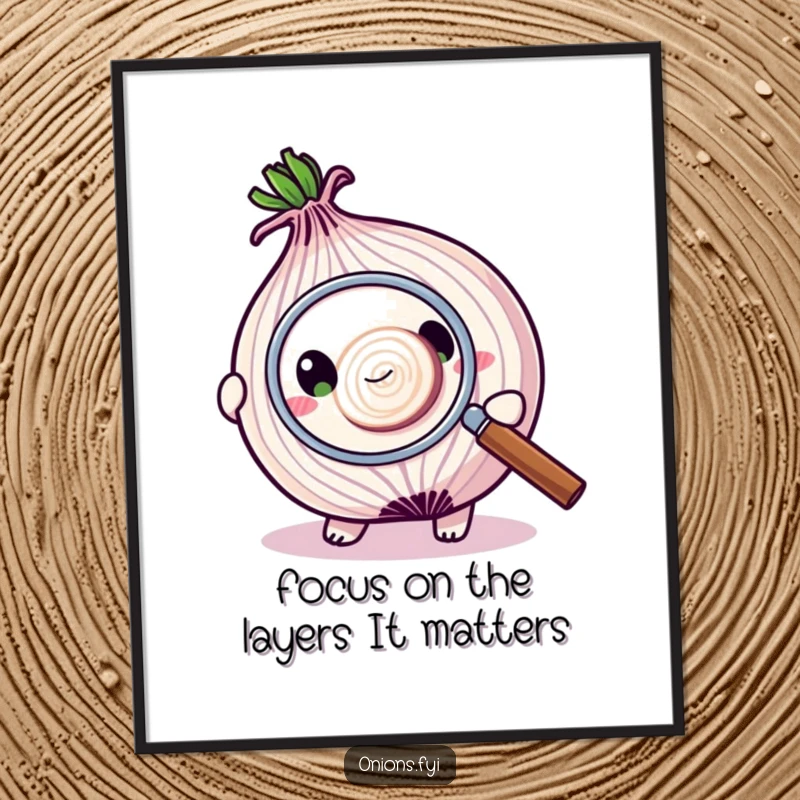 Funny Free Printable Wall Art: An onion character intensely studying a minuscule onion slice under a magnifying glass.