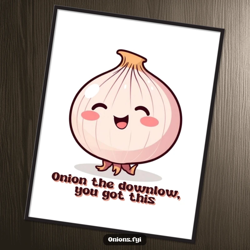 Funny Free Printable Wall Art: A happy onion attempting to tiptoe very quietly on its small root feet.