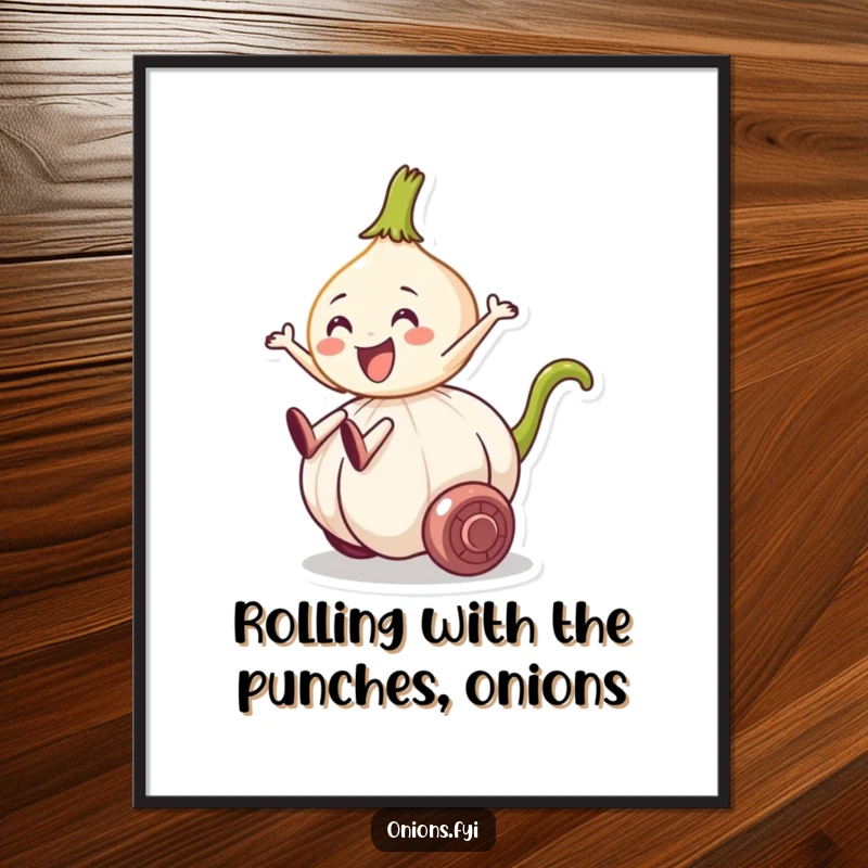 Funny Free Printable Wall Art: A cheerful onion character joyfully riding a rolling garlic clove, a quirky and fun downloadable art piece.