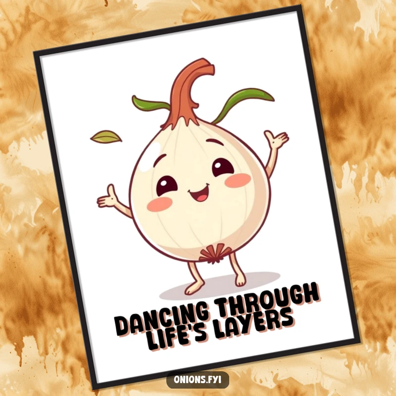 Funny Free Printable Wall Art: a smiling onion character caught mid-dance with its leafy top flying energetically.