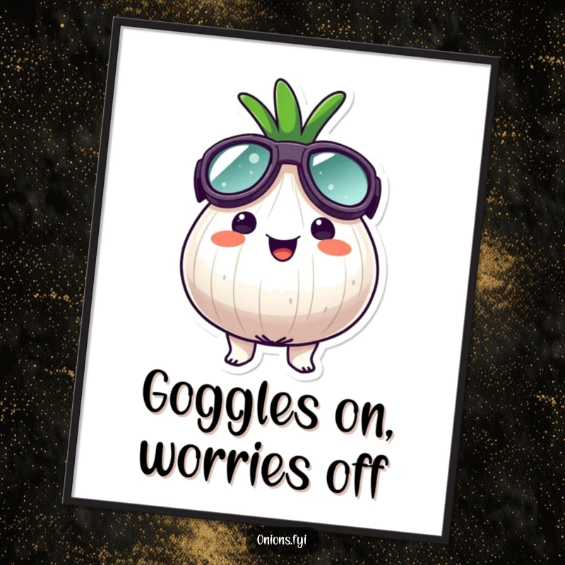 Funny Free Printable Wall Art: an onion character wearing very large, oversized goggles with a surprisingly joyful expression.