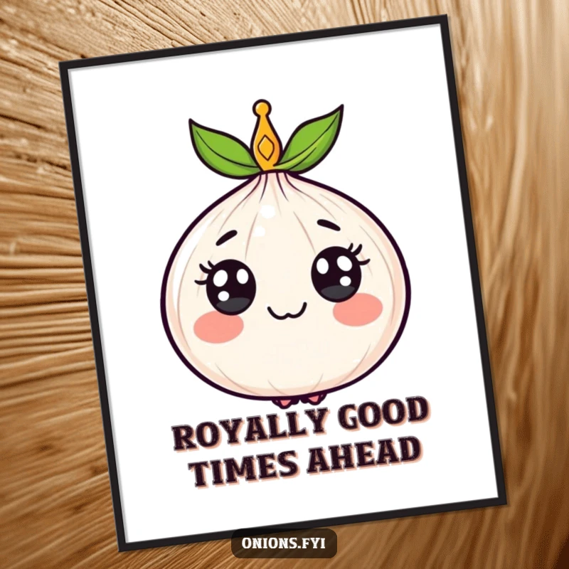 Funny Free Printable Wall Art: A cute onion wearing a small crown, looking regal and cheerful on your wall.