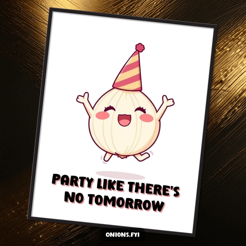 Funny Free Printable wall art of a happy onion wearing a party hat, caught mid-leap with infectious joy.