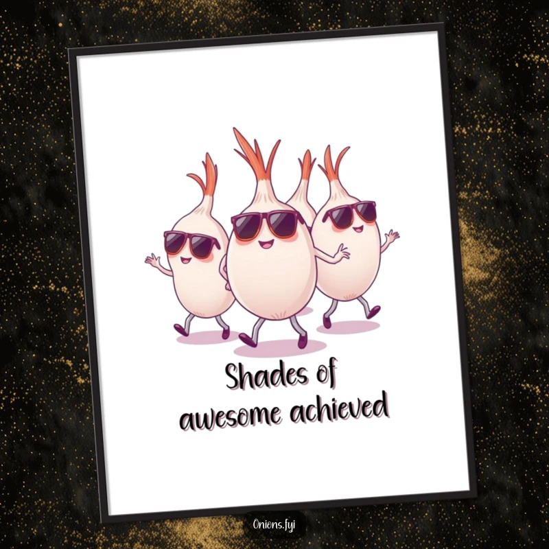 Funny Free Printable wall art of a group of onions wearing sunglasses, dancing energetically and spreading cool vibes.