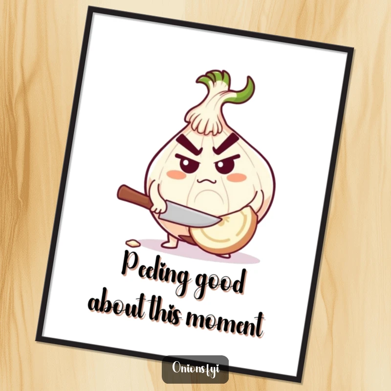 Funny Free Printable Wall Art: Onion character with a serious, determined expression, energetically chopping a giant garlic clove.