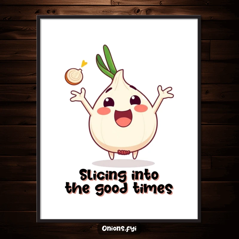 Funny Free Printable wall art of an excited onion with arms outstretched, catching a floating onion slice mid-air.