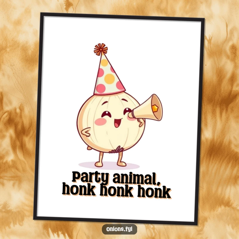 Funny free printable wall art of an onion wearing a party hat, comically honking a loud party horn.