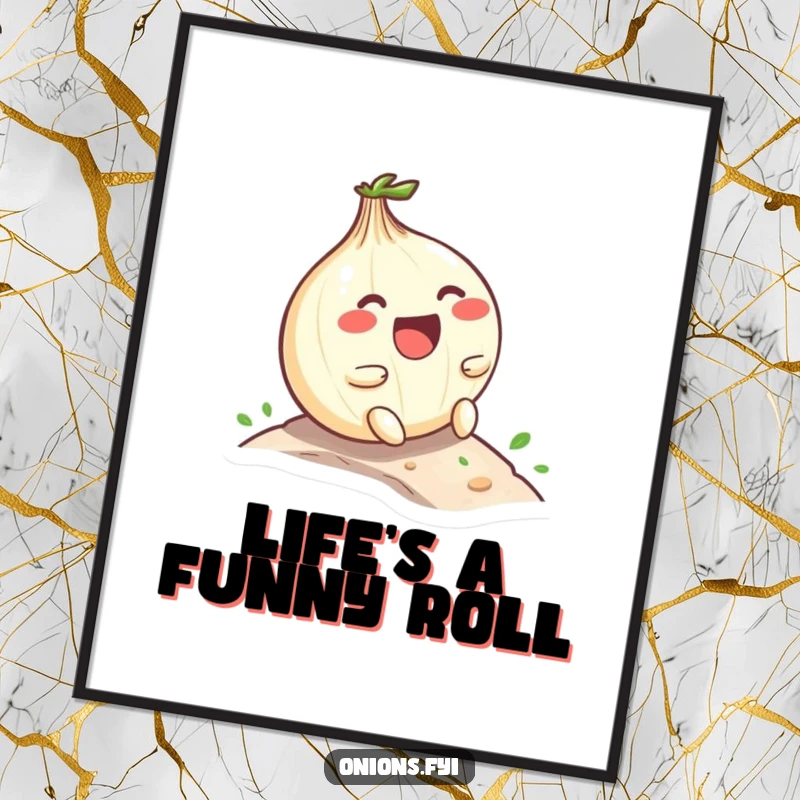 Funny Free Printable Wall Art: A Kawaii onion is captured mid-roll down a hill, laughing with pure delight.