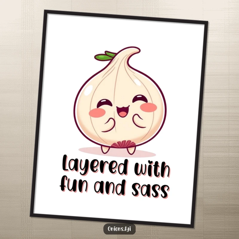 Funny free printable wall art of a super cute Kawaii onion character doing an endearing and silly full-body wiggle.