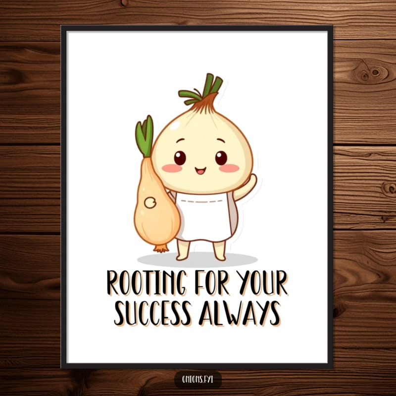Funny Free Printable Wall Art: Onion chef in apron proudly displaying a perfectly peeled root vegetable, a downloadable art piece.