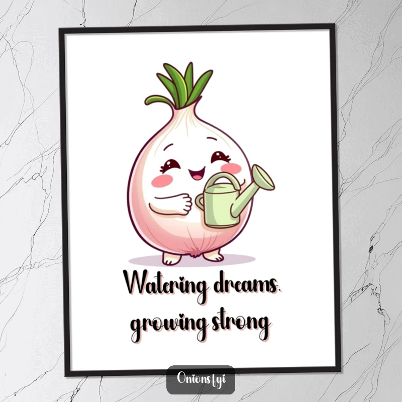 Funny free printable wall art of a proud onion character tenderly holding a tiny watering can, symbolizing care.