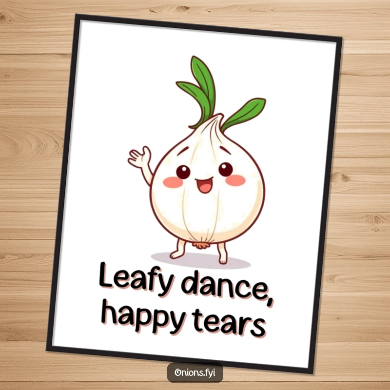 Funny Free Printable Wall Art of a kawaii onion character performing a silly dance with its leafy green top waving enthusiastically.