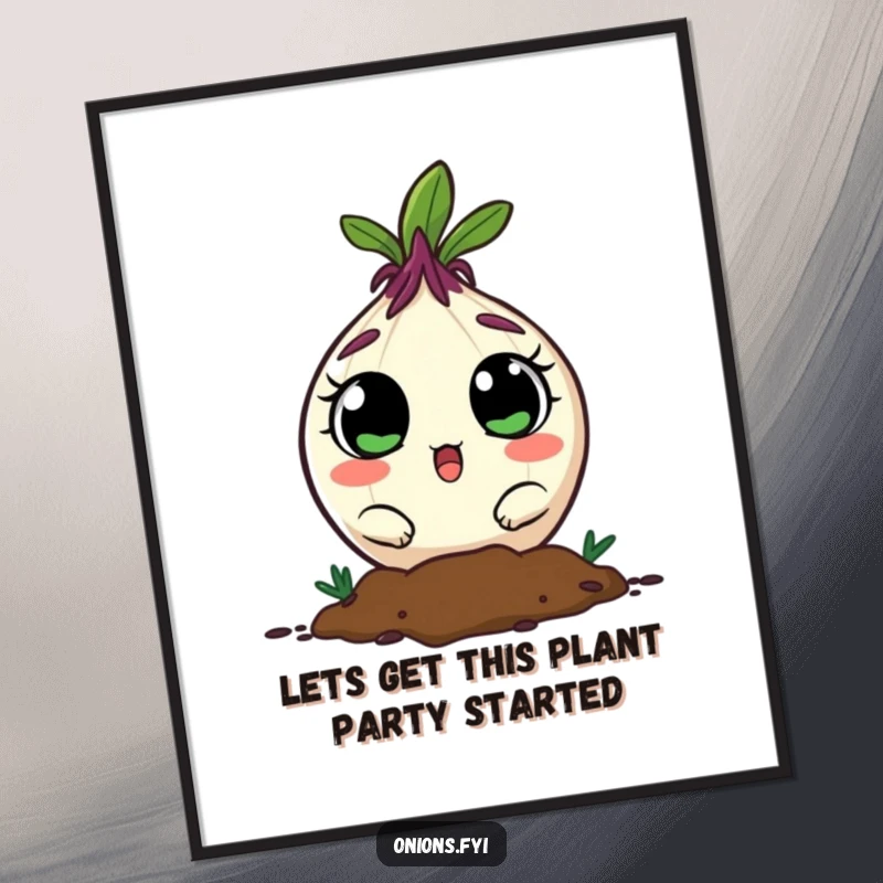 Funny Free Printable Wall Art: Cute onion character with very wide, surprised eyes, emerging from soil.