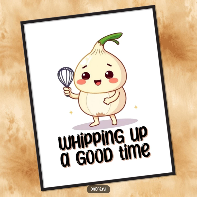 Funny Free Printable Wall Art: An onion character energetically whips up a bubbly liquid with a tiny whisk, a downloadable art piece.