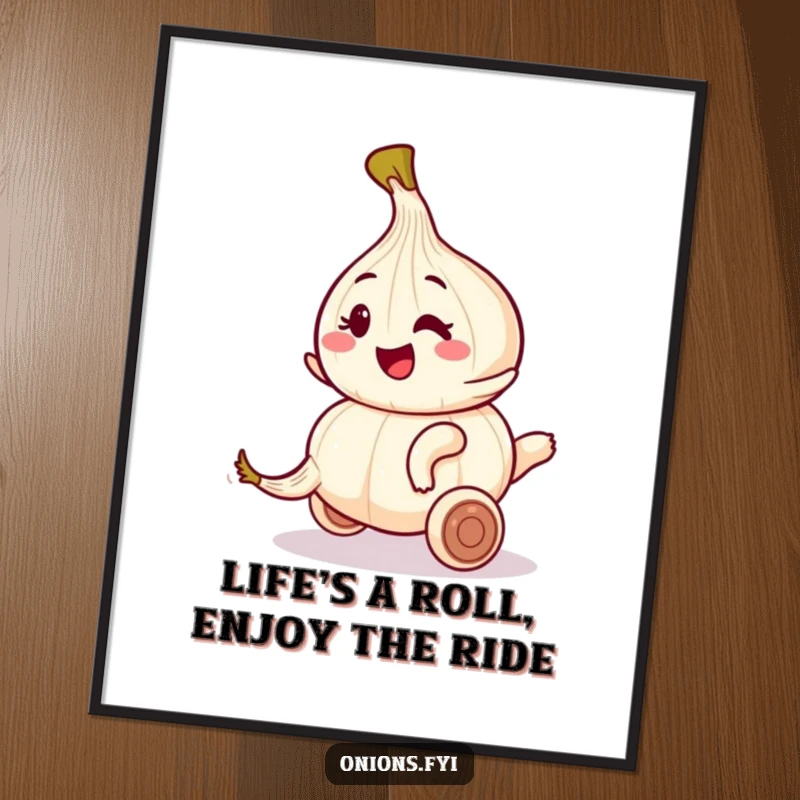 Funny Free Printable Wall Art: Playful onion character winking while riding a rolling garlic clove; dynamic, downloadable humorous decor.