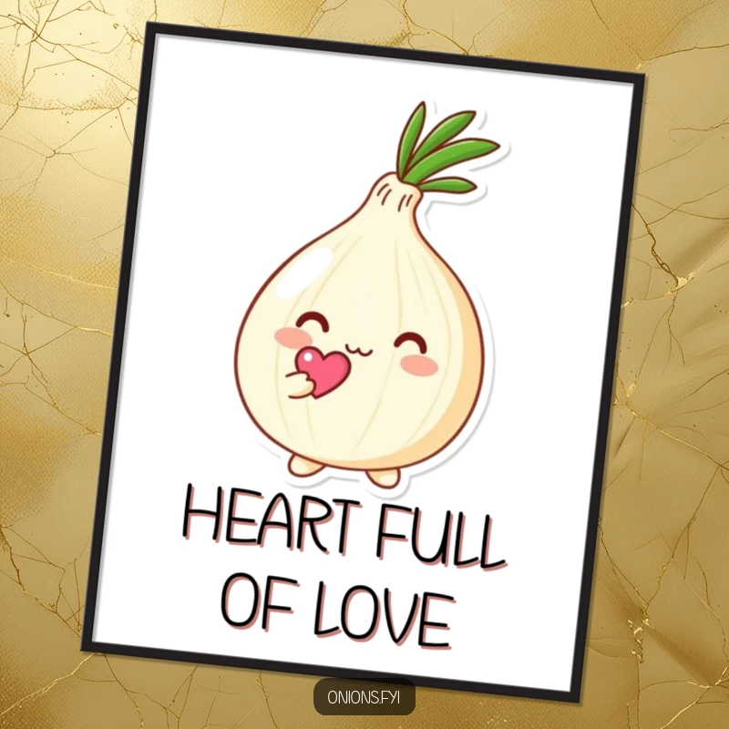 Funny Free Printable Wall Art: Kawaii onion holds a tiny, glowing heart above its head with genuine affection.