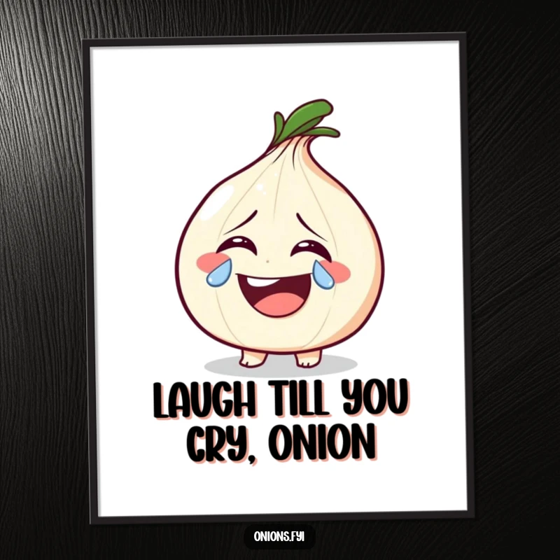 Funny Free Printable Wall Art: An onion character bursts into laughter, shedding a single, sparkling tear of pure mirth.