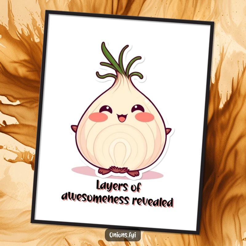 Funny Free Printable Wall Art depicting a proudly blushing onion character showcasing its perfectly defined and intricate layers.