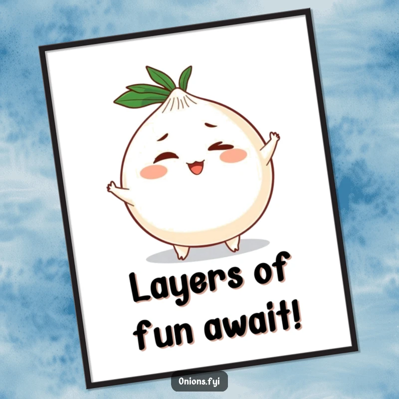 Funny Free Printable Wall Art of a plump, round onion character winking mischievously with tiny arms and legs.