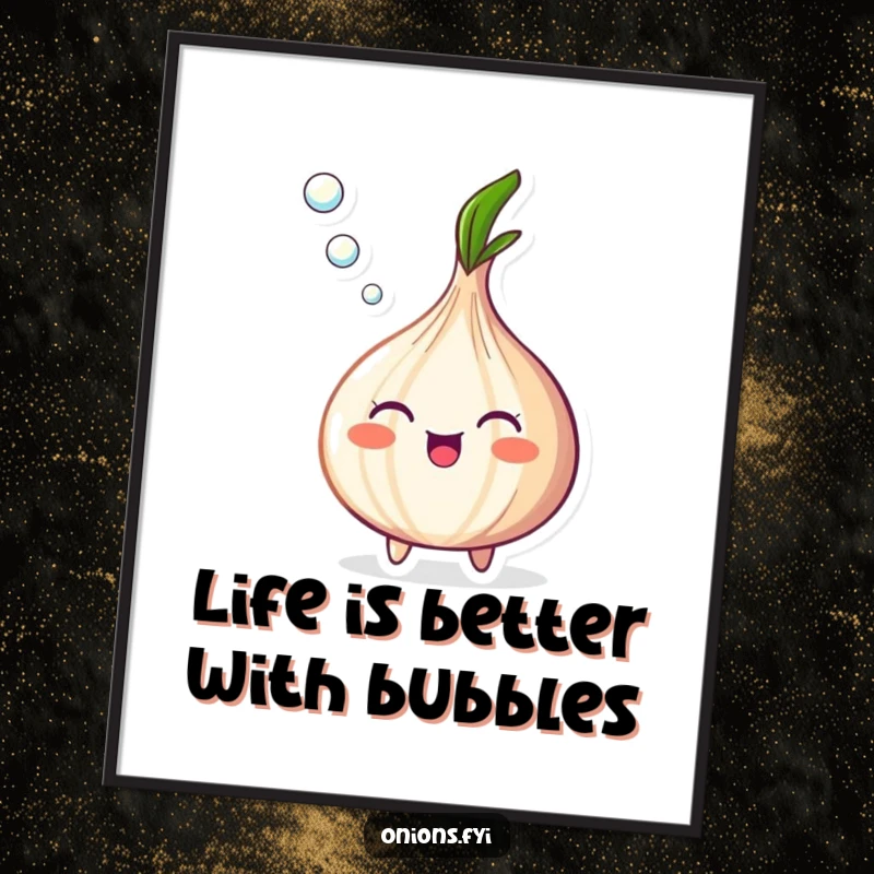 Funny Free Printable Wall Art: An adorable onion joyfully blowing a stream of tiny, iridescent bubbles.
