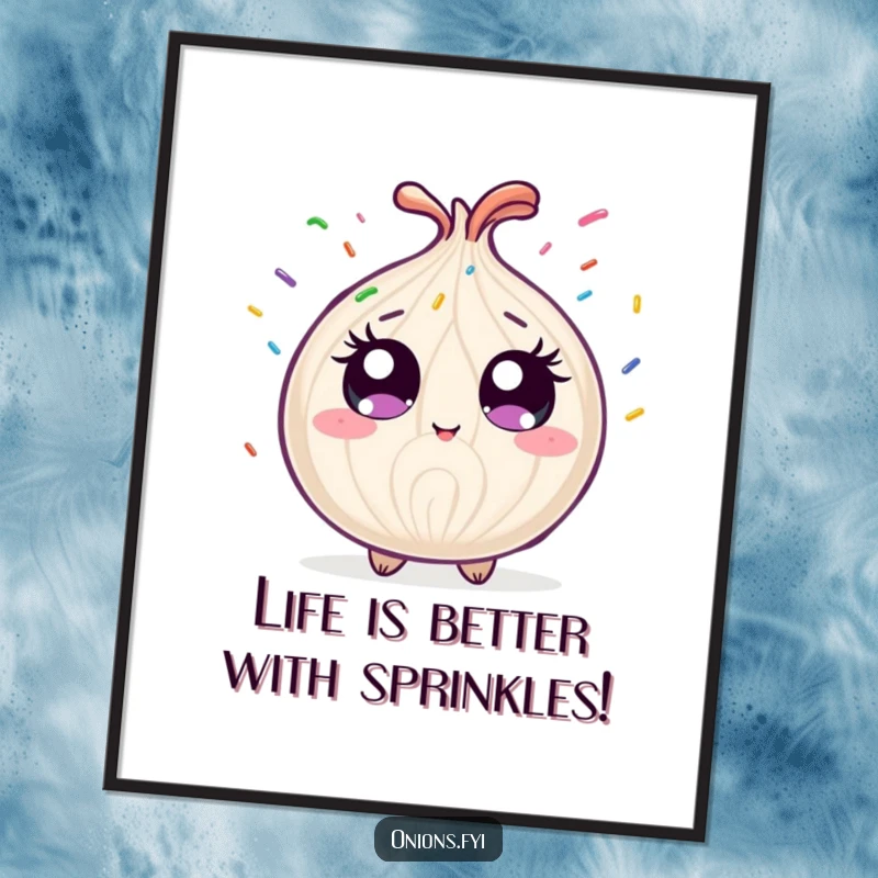 Funny Free Printable wall art: wide-eyed onion joyfully showered by bright rainbow sprinkles, adding fun to any room.