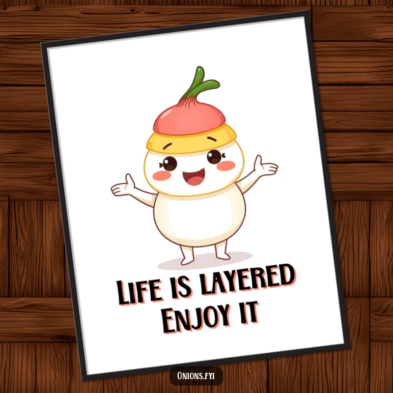 Funny Free Printable Wall Art: A laughing onion character skillfully juggling vibrant onion layers, adding humor to any room.