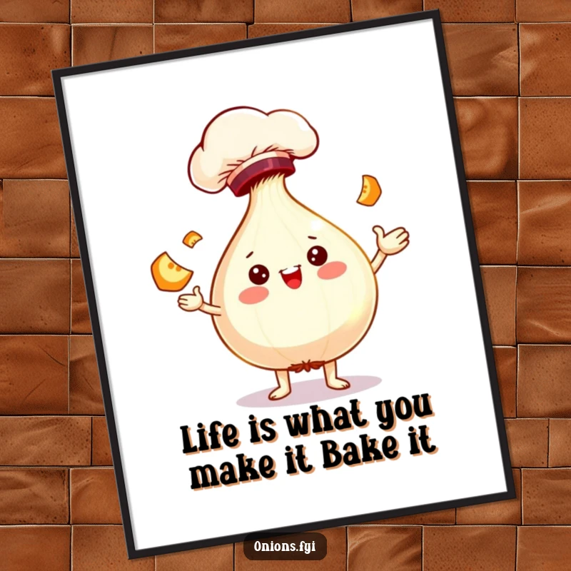 Funny Free Printable Wall Art: Cheerful onion character in a chef hat, energetically juggling miniature food slices.