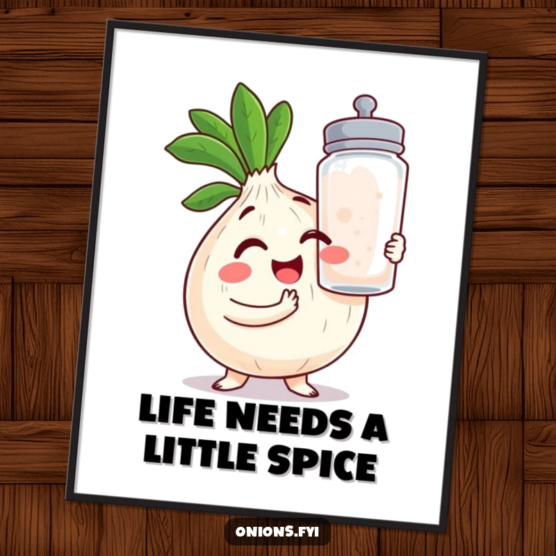Funny Free Printable Wall Art: A kawaii onion winks while holding a giant salt shaker, adding quirky charm to your decor.