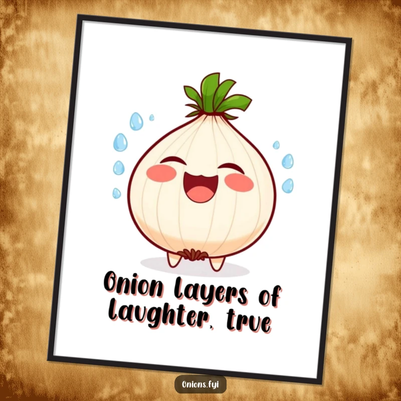 Funny Free Printable Onion Wall Art: A jovial onion character caught mid-laugh, with water droplets flying dynamically.