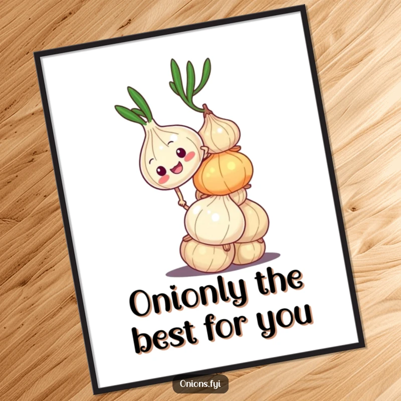 Funny free printable wall art depicting an onion character attempting to climb a wobbly stack of other onions, symbolizing effort.