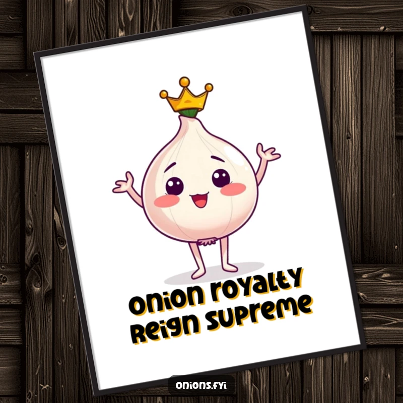 Funny Free Printable Wall Art: A proud onion character wearing a tiny crown and striking a majestic, self-assured pose.
