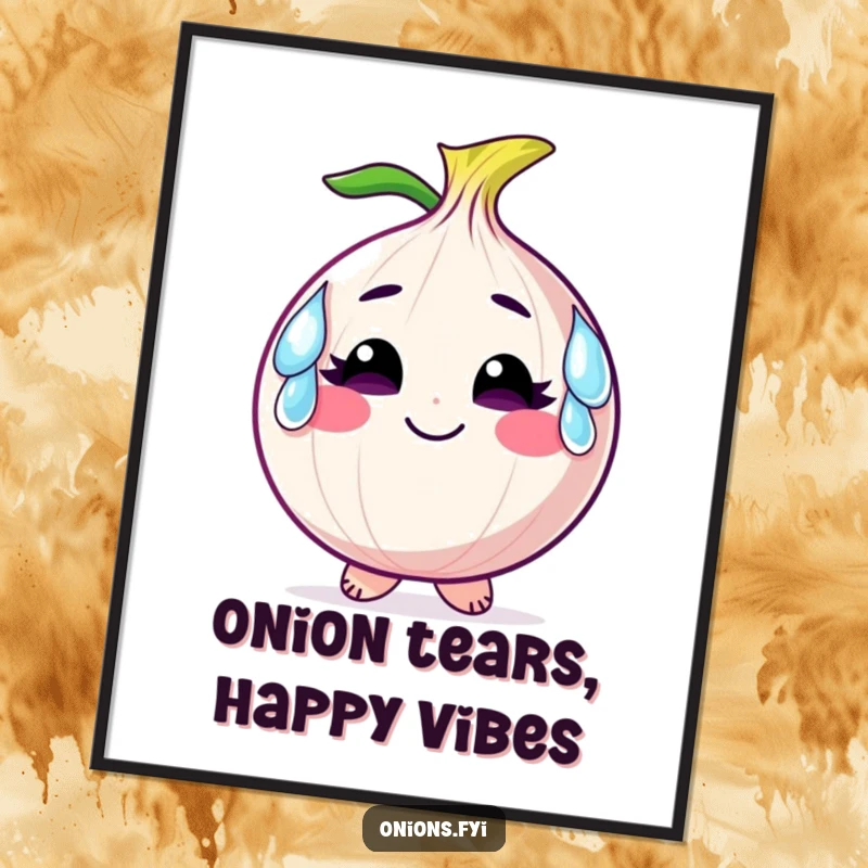 Funny Free Printable Wall Art: Smiling onion character wears large comical tears as earrings, adding whimsical charm to decor.