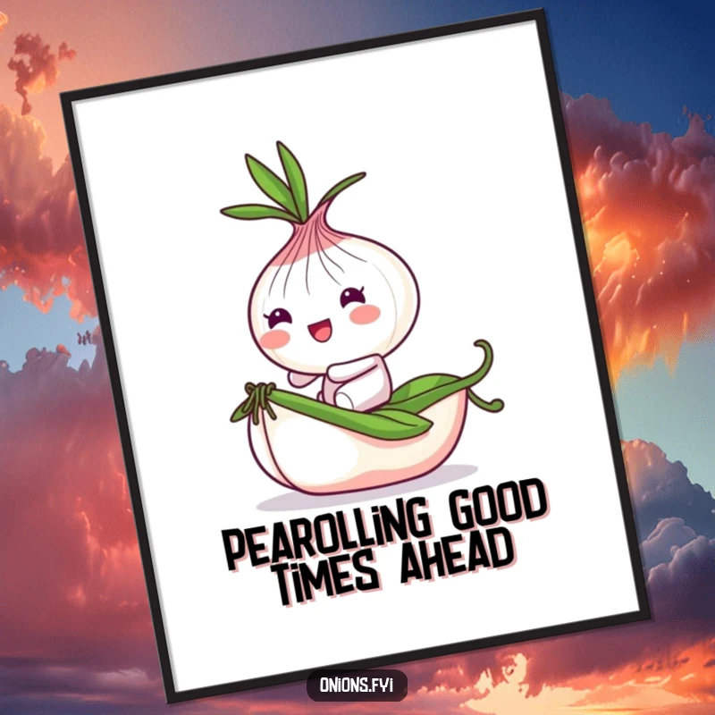 Funny free printable wall art of a playful onion character bouncing while riding a tiny, rolling pea, perfect for adding whimsical charm.